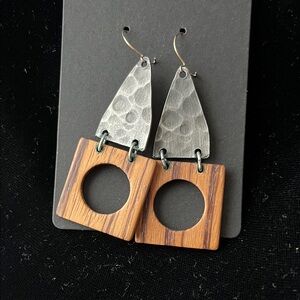 Vintage Hammered Silver Metal &  Wood Geometric Earrings